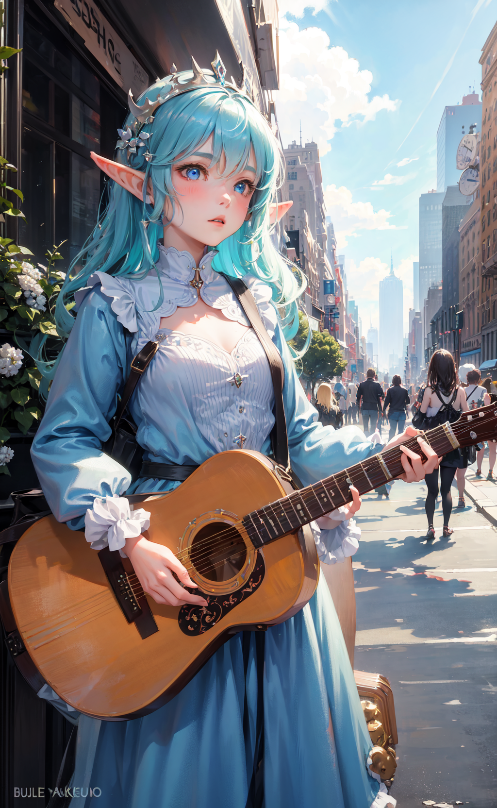 12732-1666451744-masterpiece, best quality, 1girl, the cloud elf queen busks on the streets of new york, small crowd gathering around the perform.png